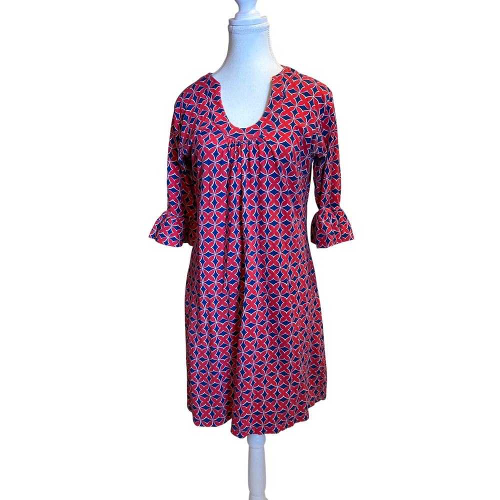 Tracy Negoshian | Red/Blue Geometric Bell Sleeve Cotton Dress | Large